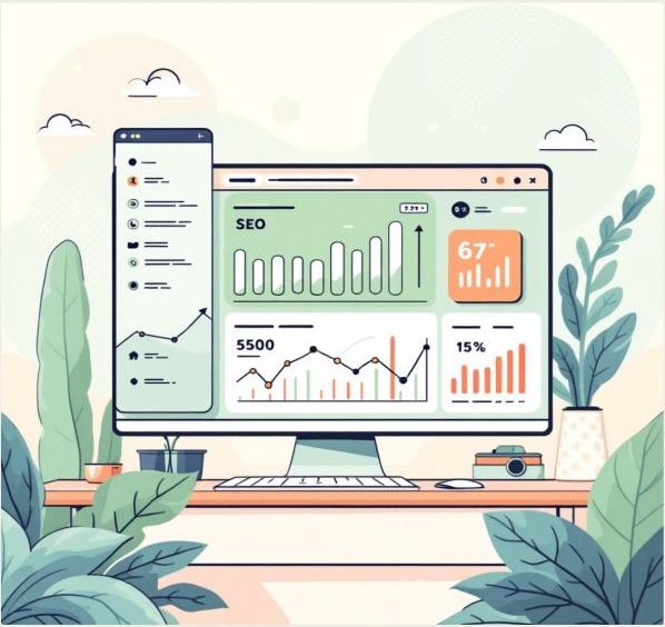 Illustration of an SEO analytics dashboard on a desk